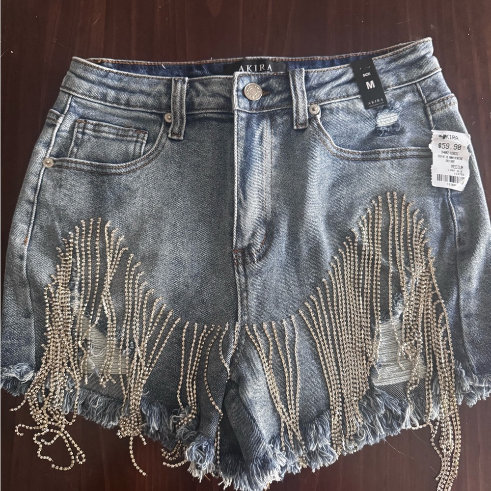 AKIRA Blue Embellished Jeans with Rhinestone Detailing